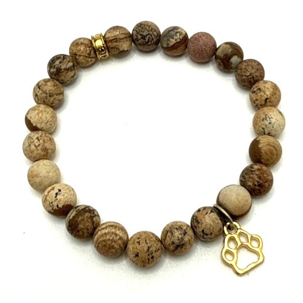 Chavez For Charity CFC Paw Charm Jasper Bracelet Brown Stone Stretch Statement